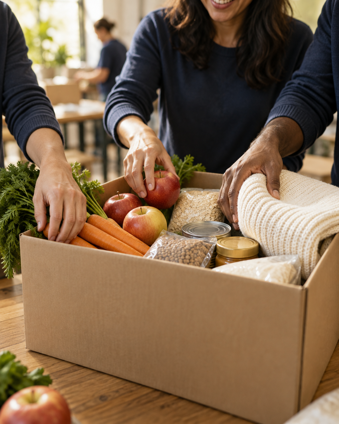 Hands arranging fresh produce in donation boxes